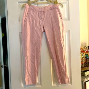 Ankle length, jcrew baby pink cotton pants. Hit right at belly button.
